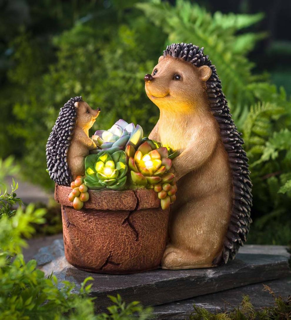 Plow & Hearth Deck & Patio Accents Outdoor Living Solar Succulent Hedgehogs Flower Pot Garden Statue