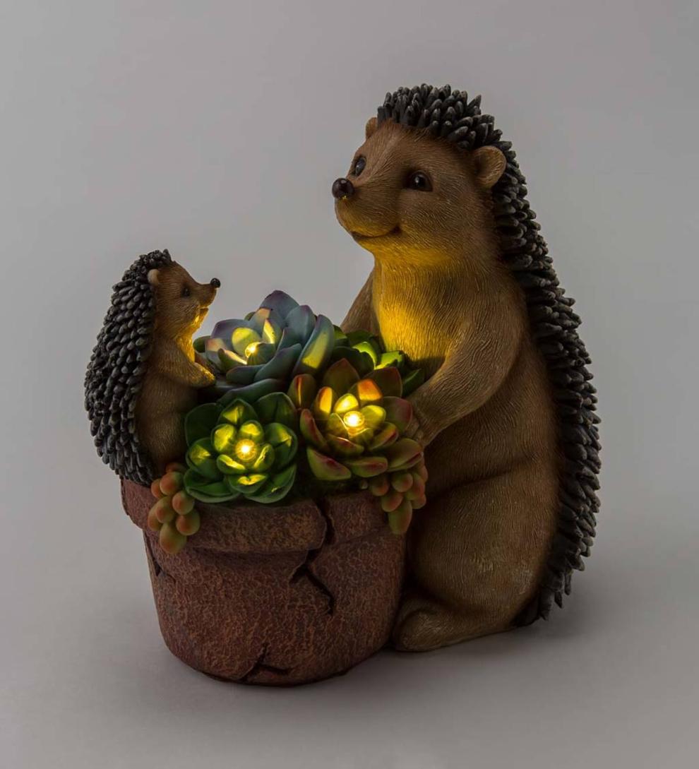 Plow & Hearth Deck & Patio Accents Outdoor Living Solar Succulent Hedgehogs Flower Pot Garden Statue