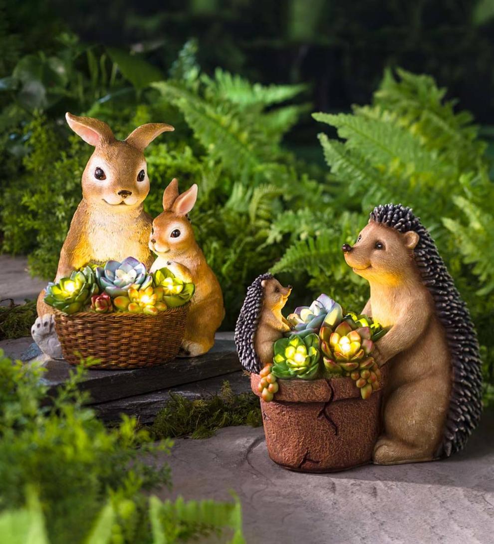 Plow & Hearth Deck & Patio Accents Outdoor Living Solar Succulent Hedgehogs Flower Pot Garden Statue