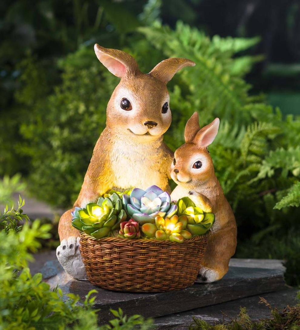 Plow & Hearth Deck & Patio Accents Outdoor Living Solar Succulent Rabbits Flower Pot Garden Statue