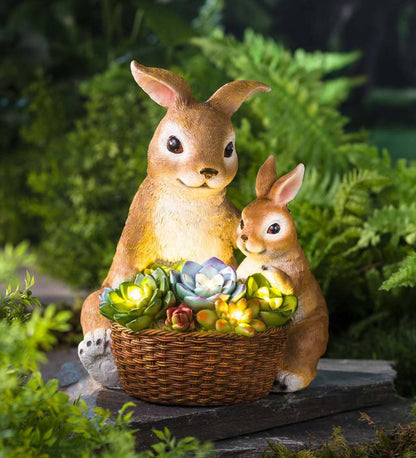 Plow & Hearth Deck & Patio Accents Outdoor Living Solar Succulent Rabbits Flower Pot Garden Statue