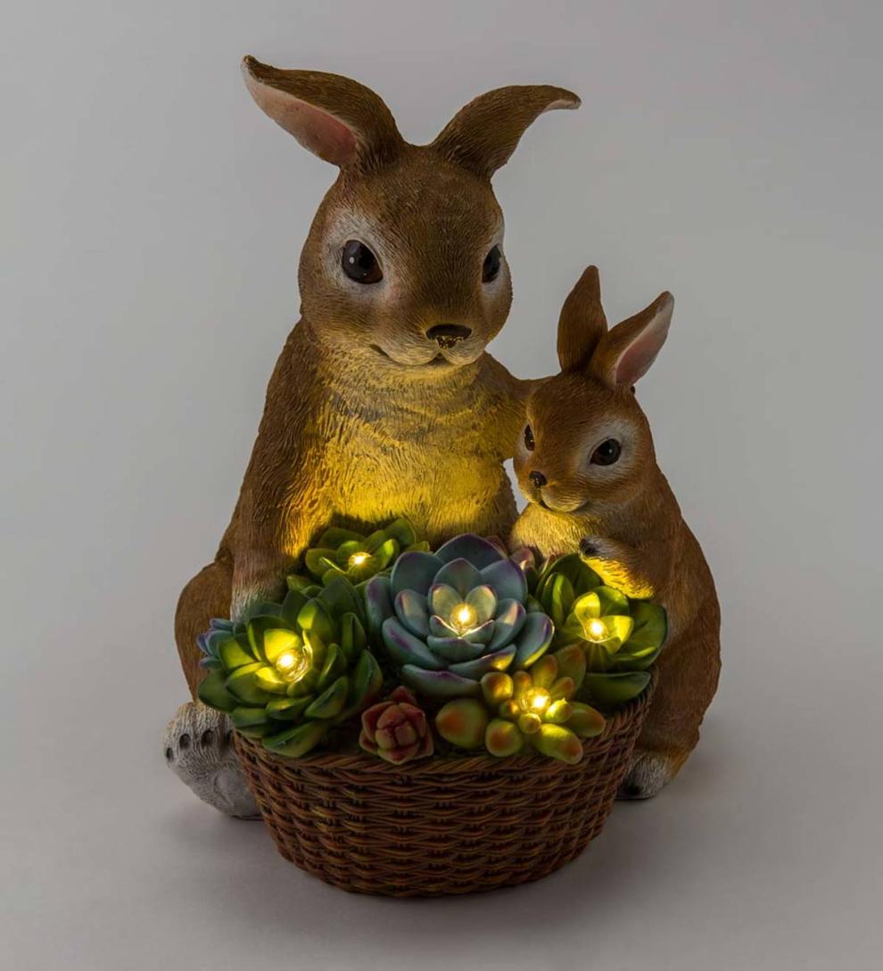 Plow & Hearth Deck & Patio Accents Outdoor Living Solar Succulent Rabbits Flower Pot Garden Statue