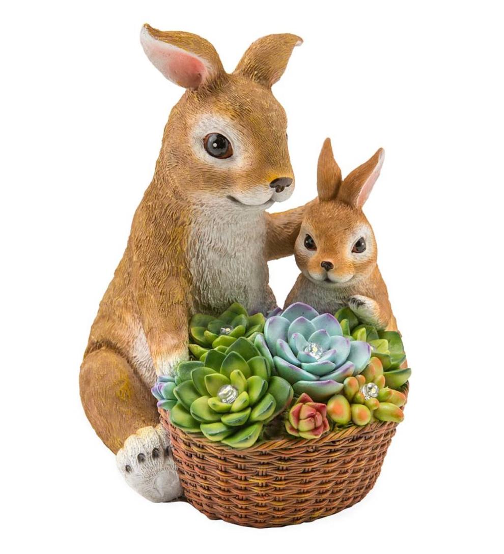Plow & Hearth Deck & Patio Accents Outdoor Living Solar Succulent Rabbits Flower Pot Garden Statue
