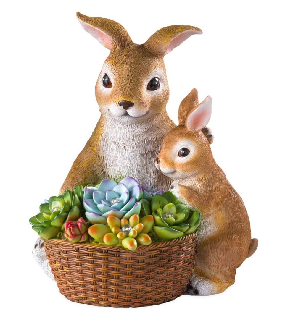 Plow & Hearth Deck & Patio Accents Outdoor Living Solar Succulent Rabbits Flower Pot Garden Statue