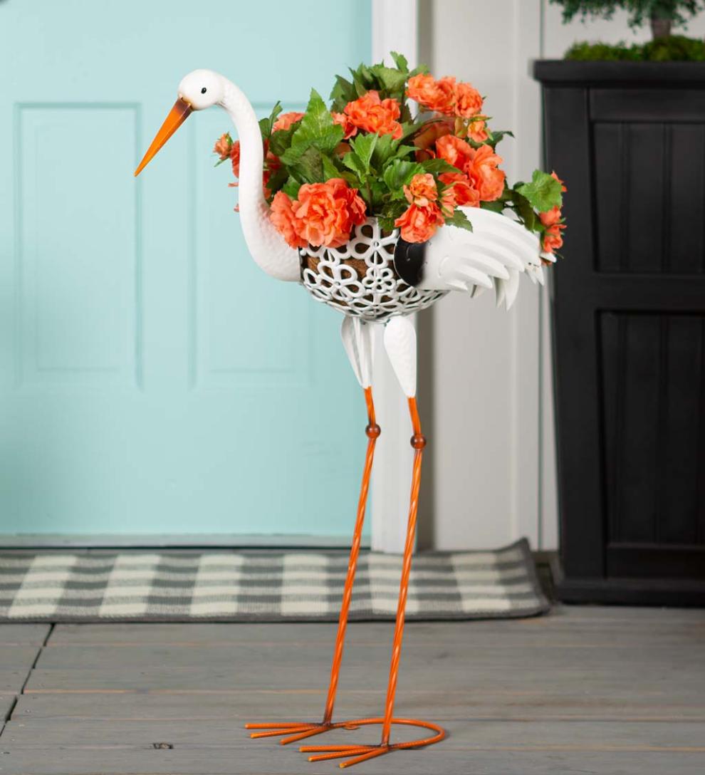 Plow & Hearth Deck & Patio Accents Outdoor Living Standing White Heron Metal Planter With Coco Liner