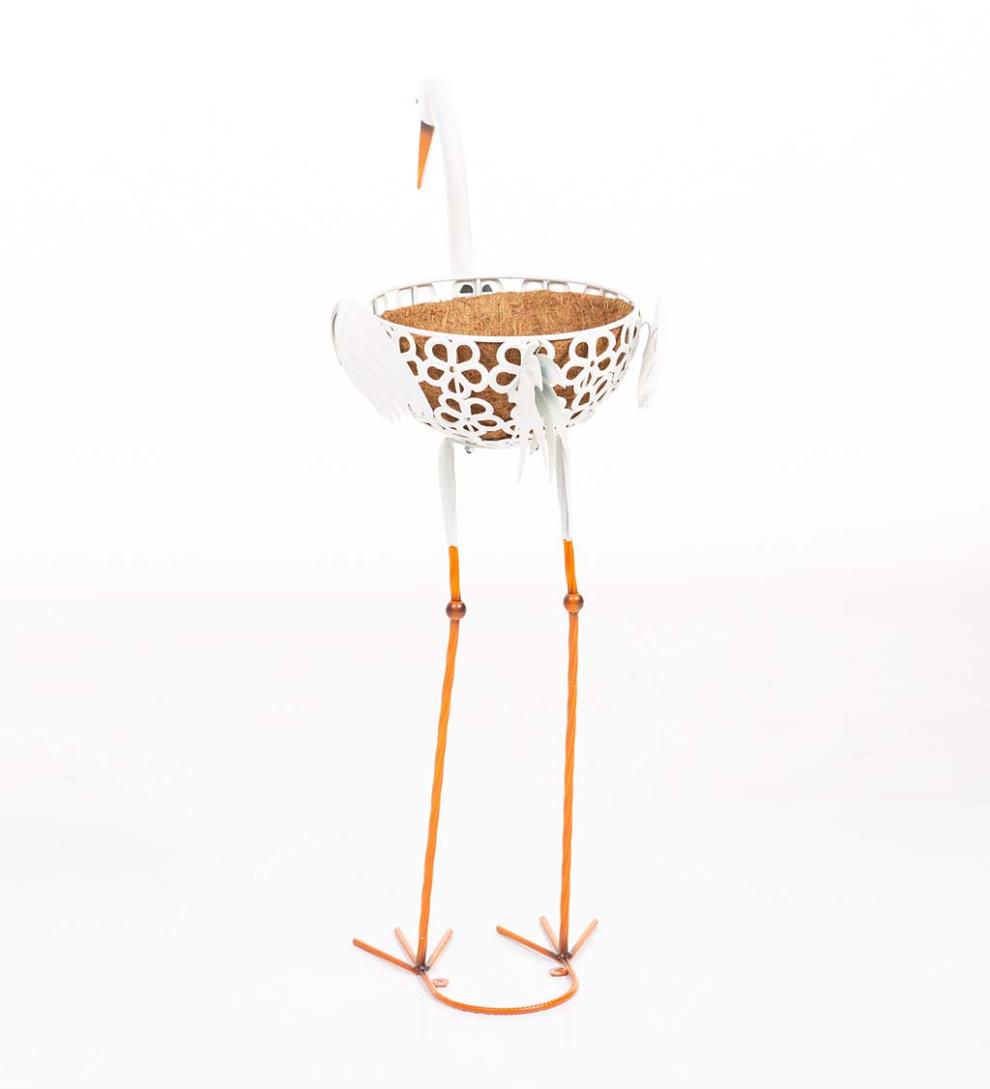 Plow & Hearth Deck & Patio Accents Outdoor Living Standing White Heron Metal Planter With Coco Liner