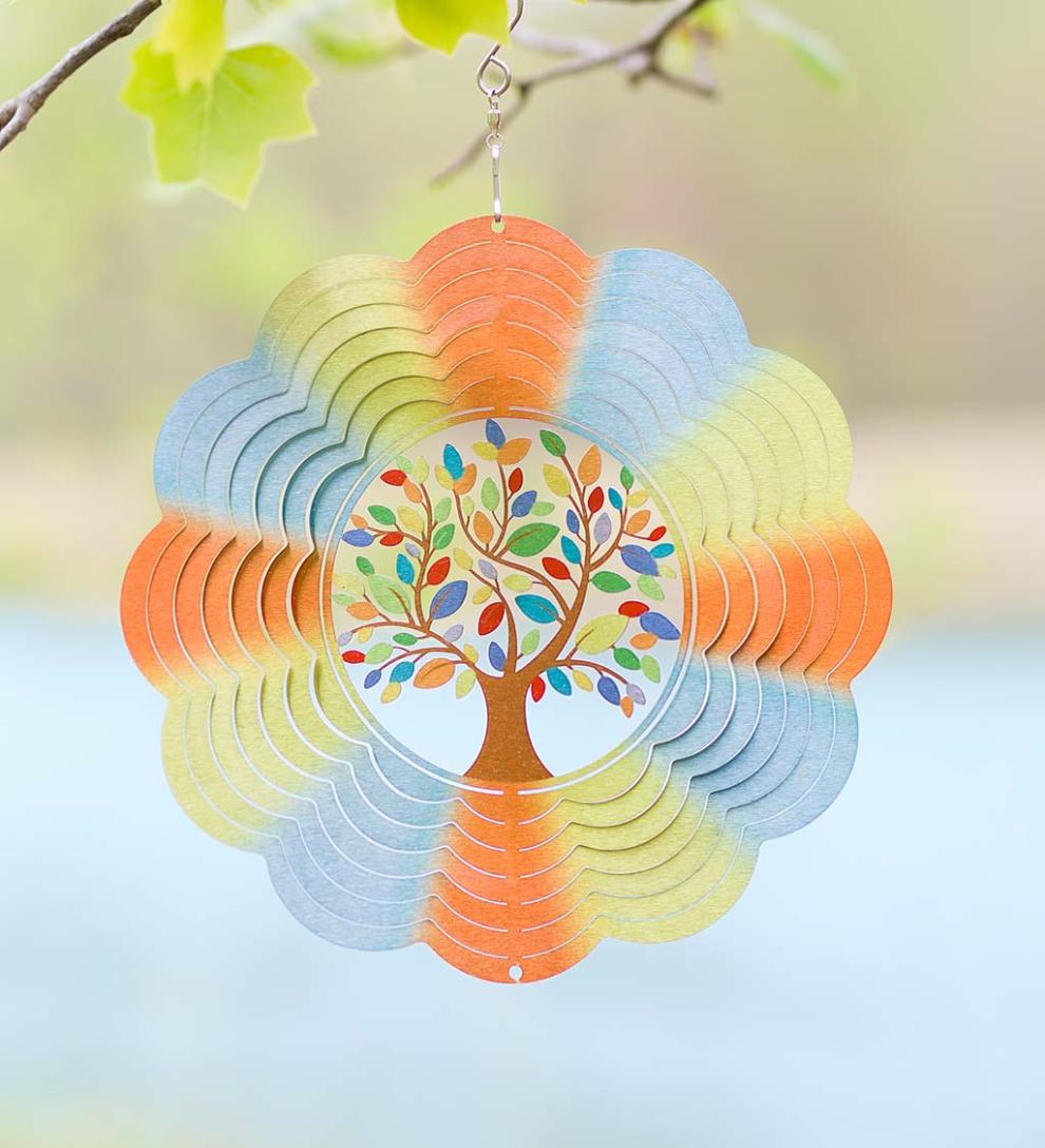 Plow & Hearth Deck & Patio Accents Outdoor Living Tree Of Life Optical Illusion Hanging Metal Spinner