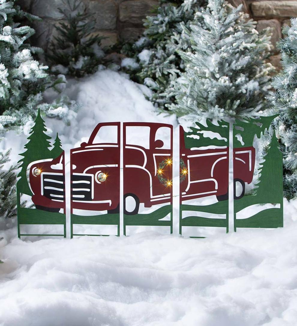 Plow & Hearth Deck & Patio Accents Outdoor Living Vintage Red Antique Truck Lighted Landscape Panel Stakes, Set Of 5