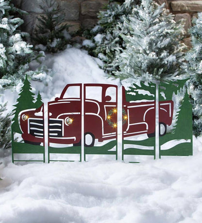 Plow & Hearth Deck & Patio Accents Outdoor Living Vintage Red Antique Truck Lighted Landscape Panel Stakes, Set Of 5