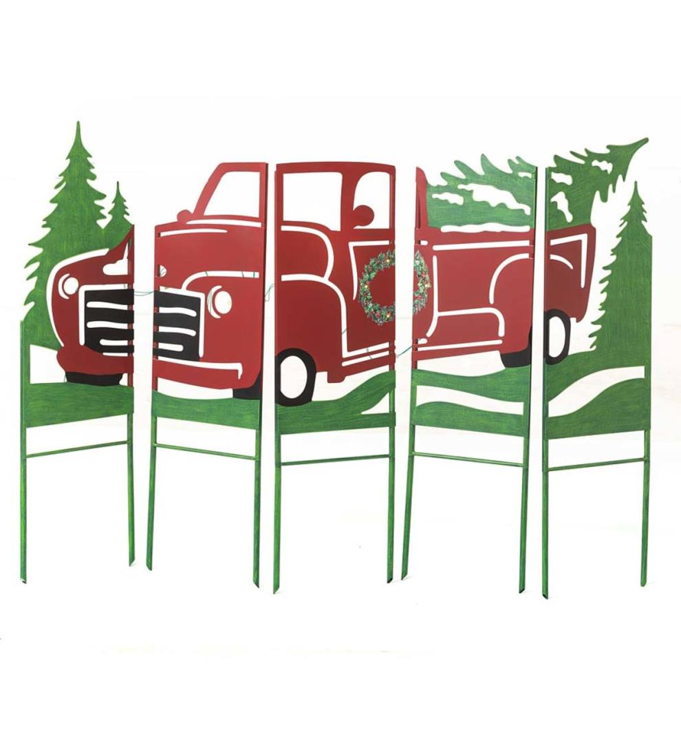 Plow & Hearth Deck & Patio Accents Outdoor Living Vintage Red Antique Truck Lighted Landscape Panel Stakes, Set Of 5