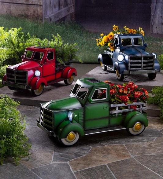 Plow & Hearth Deck & Patio Accents Outdoor Living Vintage Style Solar Pickup Truck Garden Accent - Blue