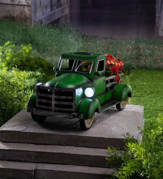 Plow & Hearth Deck & Patio Accents Outdoor Living Vintage Style Solar Pickup Truck Garden Accent - Blue