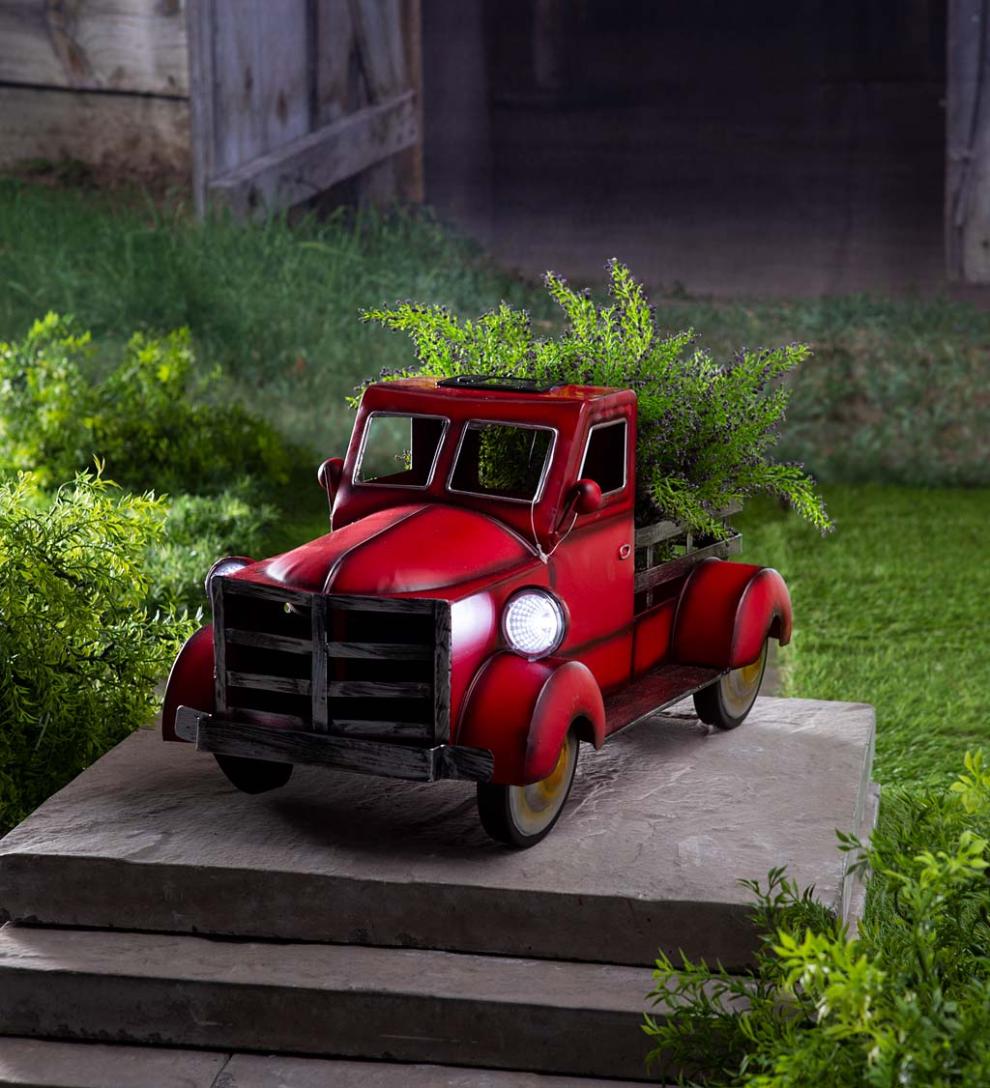 Plow & Hearth Deck & Patio Accents Outdoor Living Vintage Style Solar Pickup Truck Garden Accent - Blue