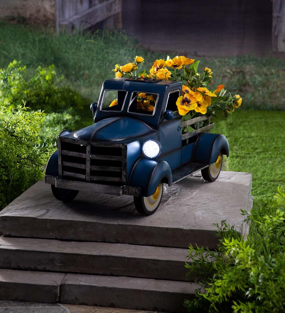 Plow & Hearth Deck & Patio Accents Outdoor Living Vintage Style Solar Pickup Truck Garden Accent - Blue