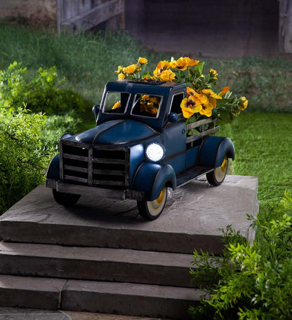 Plow & Hearth Deck & Patio Accents Outdoor Living Vintage Style Solar Pickup Truck Garden Accent - Blue