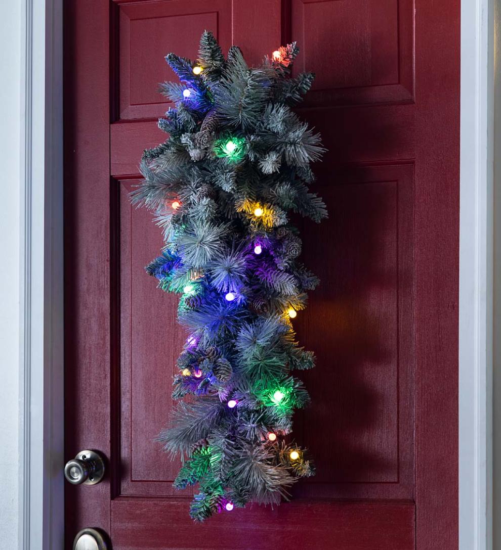 Plow & Hearth Deck & Patio Accents Outdoor Living Winter Frost Holiday Teardrop Swag With White And Multicolor Lights