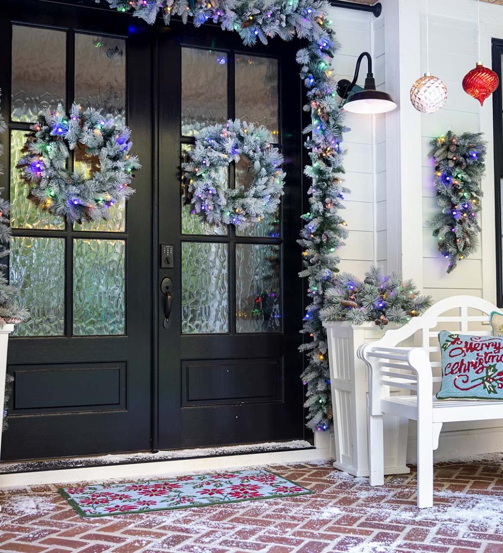 Plow & Hearth Deck & Patio Accents Outdoor Living Winter Frost Holiday Teardrop Swag With White And Multicolor Lights