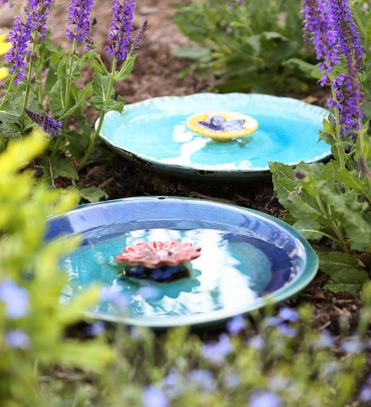 Plow & Hearth Decorative Garden Accents Yard & Garden Colored Flower Ceramic Bee Bath - Blue