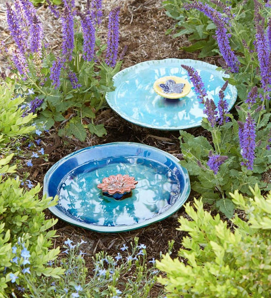 Plow & Hearth Decorative Garden Accents Yard & Garden Colored Flower Ceramic Bee Bath - Blue