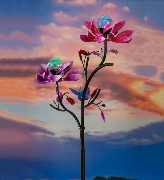 Plow & Hearth Decorative Garden Accents Yard & Garden Double Flower Spinner With Color-Changing Solar Crackle Glass Orbs