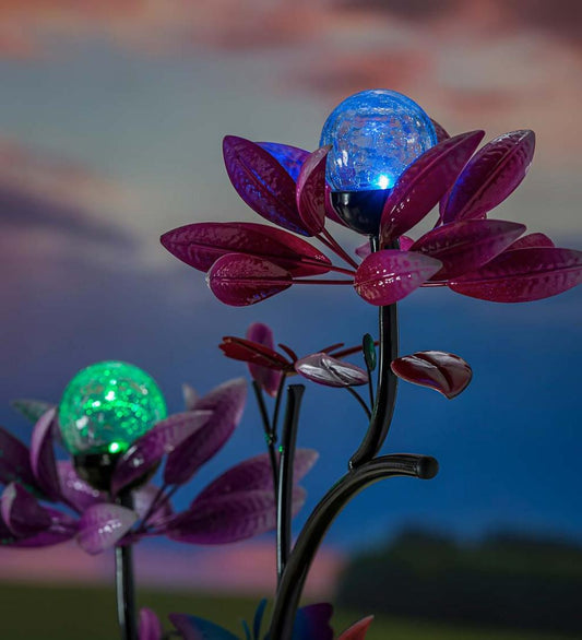 Plow & Hearth Decorative Garden Accents Yard & Garden Double Flower Spinner With Color-Changing Solar Crackle Glass Orbs