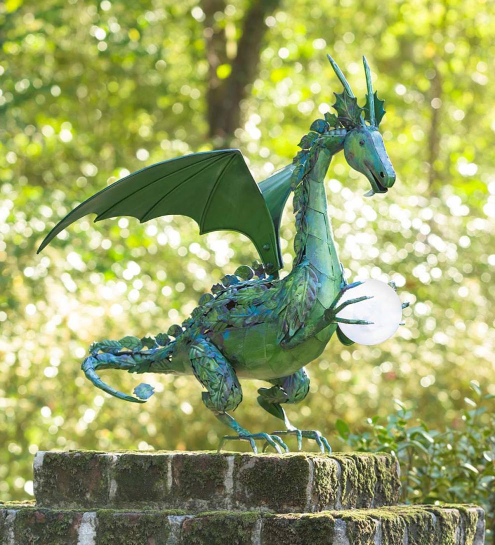 Plow & Hearth Decorative Garden Accents Yard & Garden Green Dragon Statue With Solar Pearl
