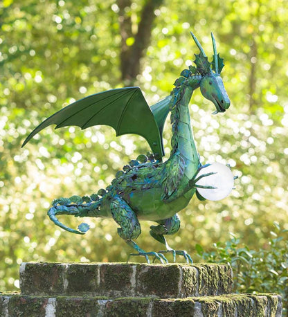 Plow & Hearth Decorative Garden Accents Yard & Garden Green Dragon Statue With Solar Pearl