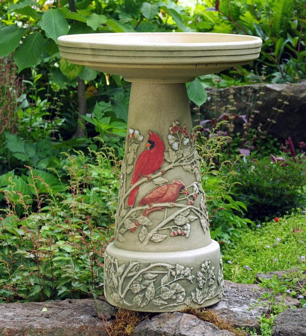 Plow & Hearth Decorative Garden Accents Yard & Garden Handcrafted Burley Clay Summer Cardinal Birdbath