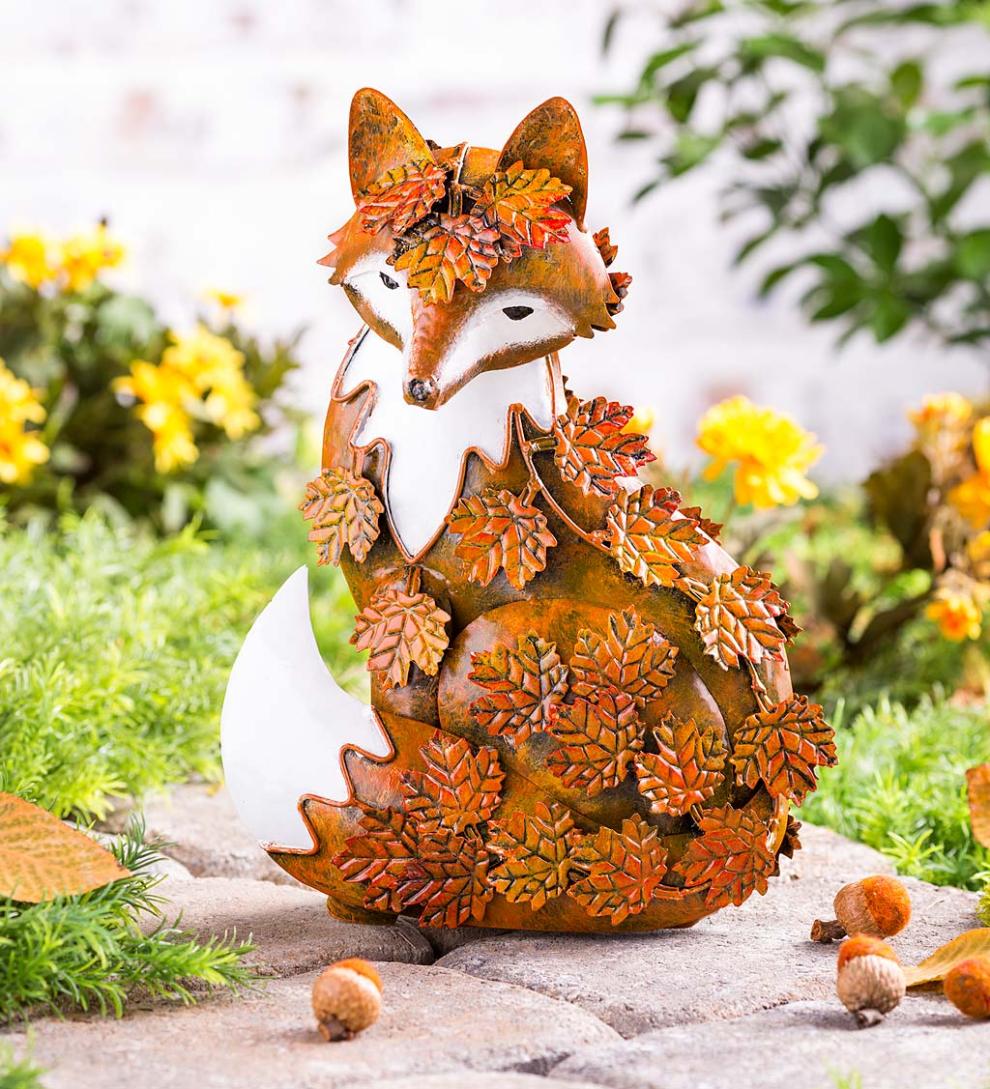 Plow & Hearth Decorative Garden Accents Yard & Garden Handmade Metal Fall Leaves Fox Garden Statue