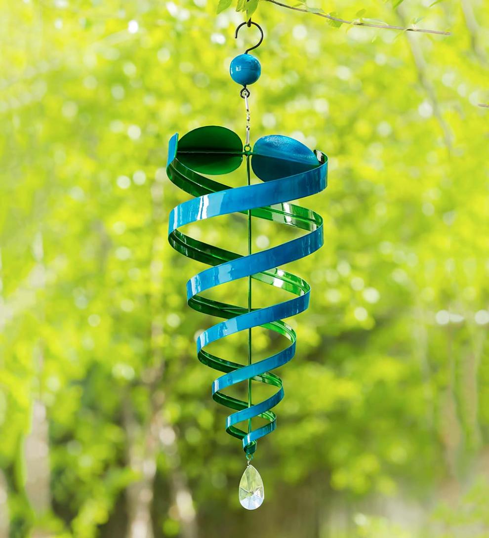Plow & Hearth Decorative Garden Accents Yard & Garden Hanging Blue And Green Conical Metal Wind Twirler With Crystal