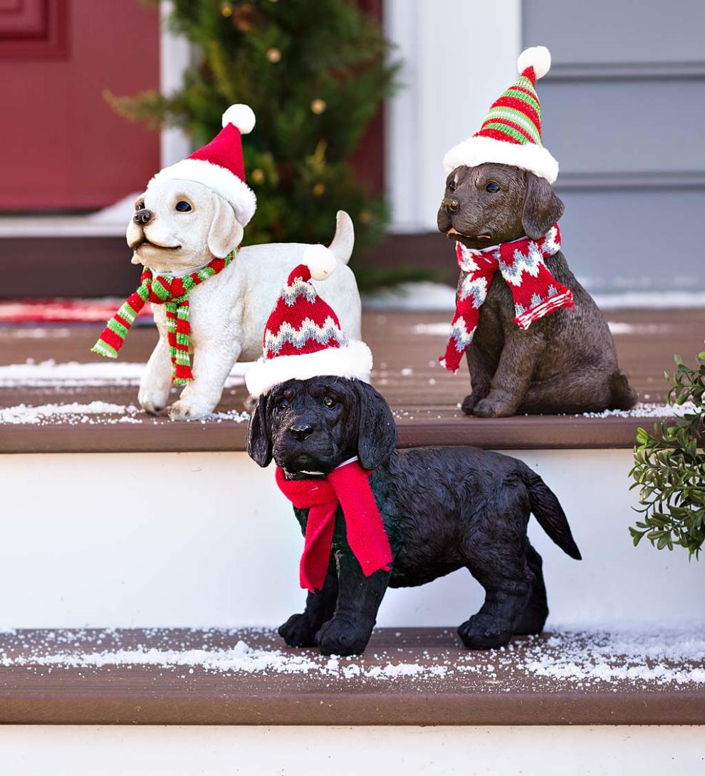 Plow & Hearth Decorative Garden Accents Yard & Garden Holiday Labrador Puppy Statue With Hat And Scarf