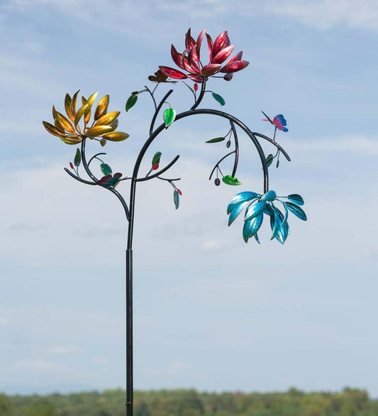 Plow & Hearth Decorative Garden Accents Yard & Garden Large Metal Wind Spinner With Three Spinning Flowers And Butterflies