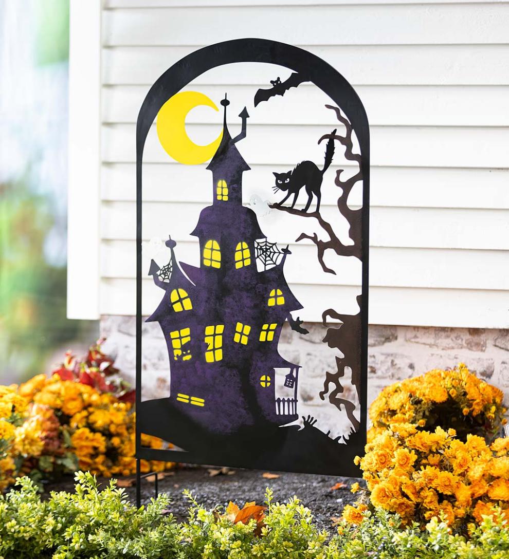 Plow & Hearth Decorative Garden Accents Yard & Garden Metal Halloween Trellises In Witch And Haunted House Designs - Haunted House