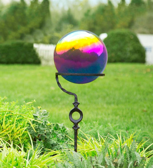 Plow & Hearth Decorative Garden Accents Yard & Garden Metal Rainbow Gazing Ball With Wrought Iron Circle Stand - Rainbow