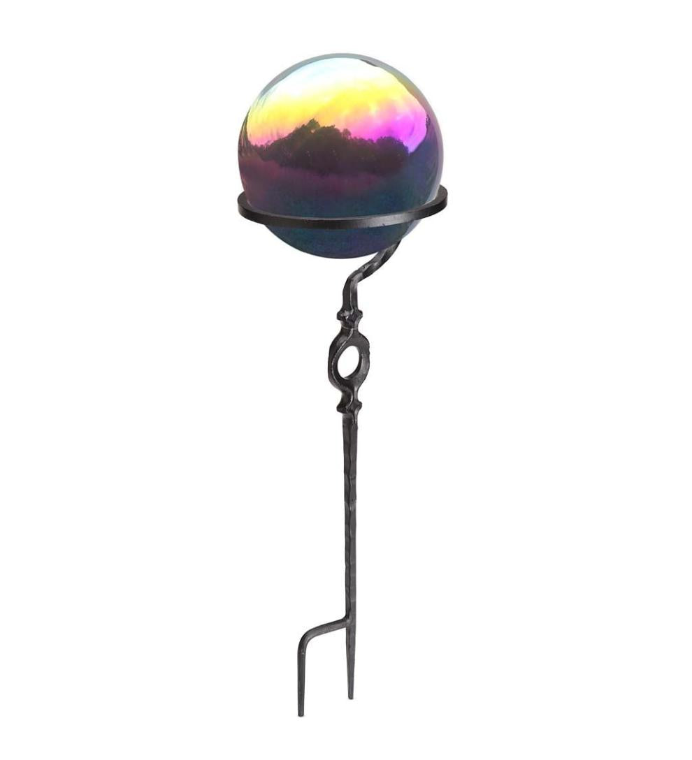 Plow & Hearth Decorative Garden Accents Yard & Garden Metal Rainbow Gazing Ball With Wrought Iron Circle Stand - Rainbow