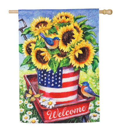 Plow & Hearth Decorative Garden Accents Yard & Garden Patriotic Sunflower Welcome Wagon Textured Suede House Flag