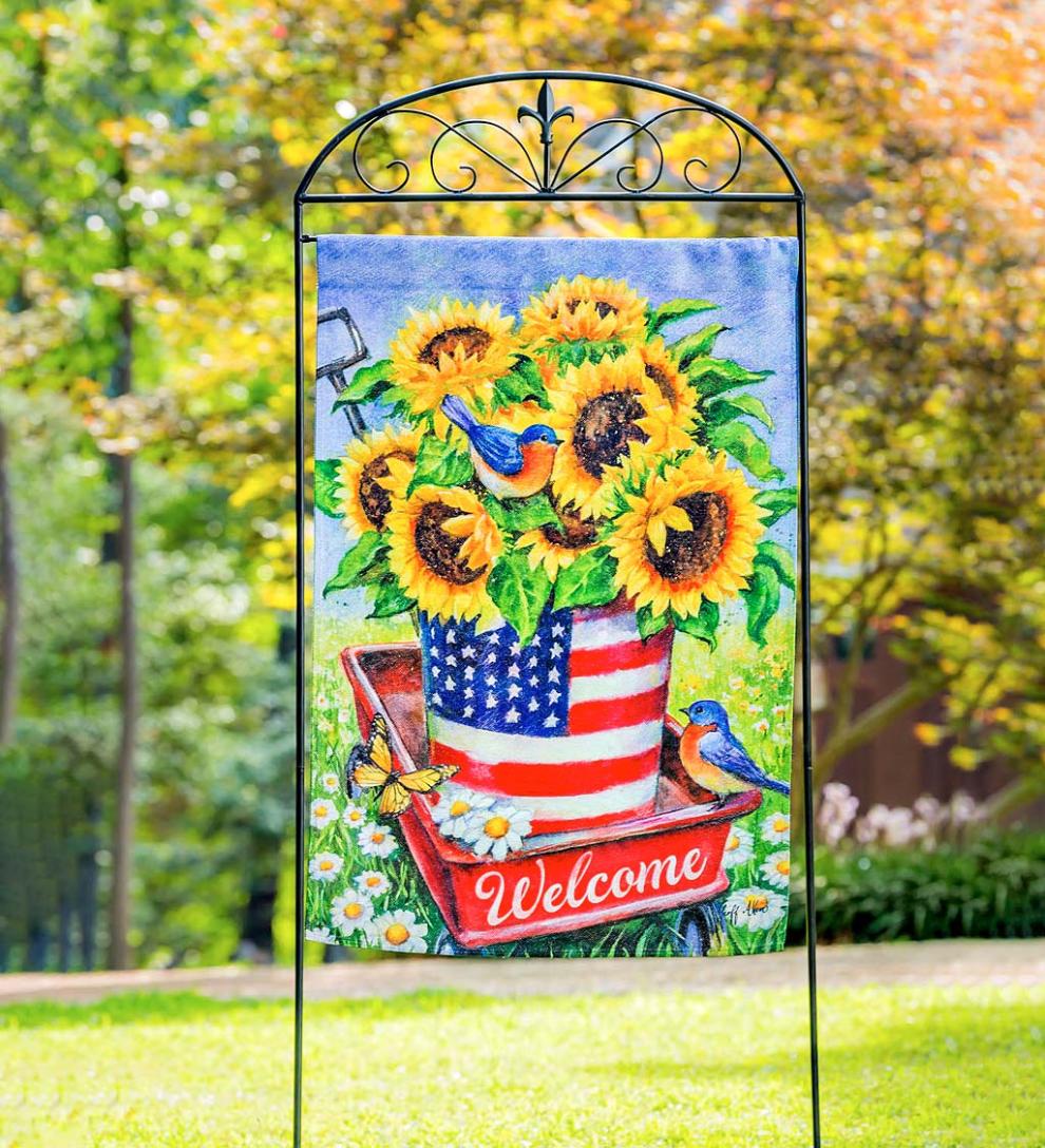 Plow & Hearth Decorative Garden Accents Yard & Garden Patriotic Sunflower Welcome Wagon Textured Suede House Flag