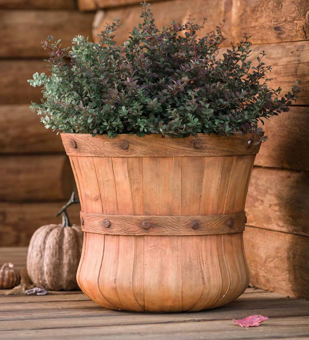 Plow & Hearth Decorative Planters Yard & Garden Large Faux Wood Bushel Basket Planter