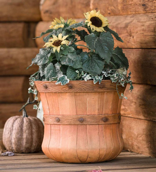 Plow & Hearth Decorative Planters Yard & Garden Small Faux Wood Bushel Basket Planter
