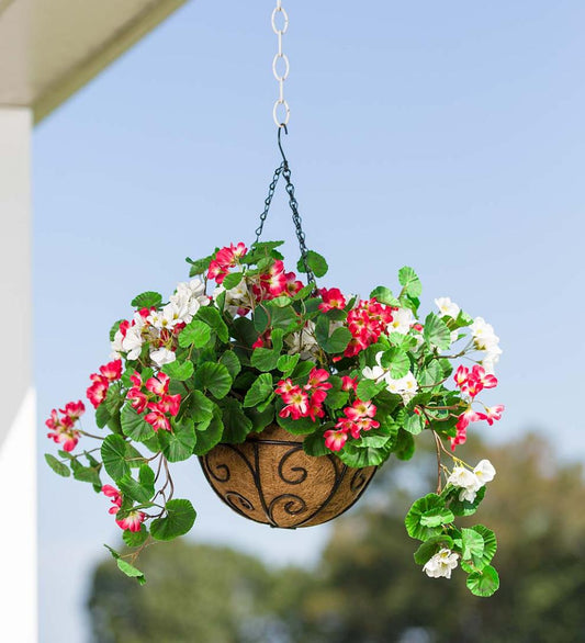 Plow & Hearth Faux Flowers & Plants Indoor Living Everlasting Faux Red And White Geranium Hanging Basket