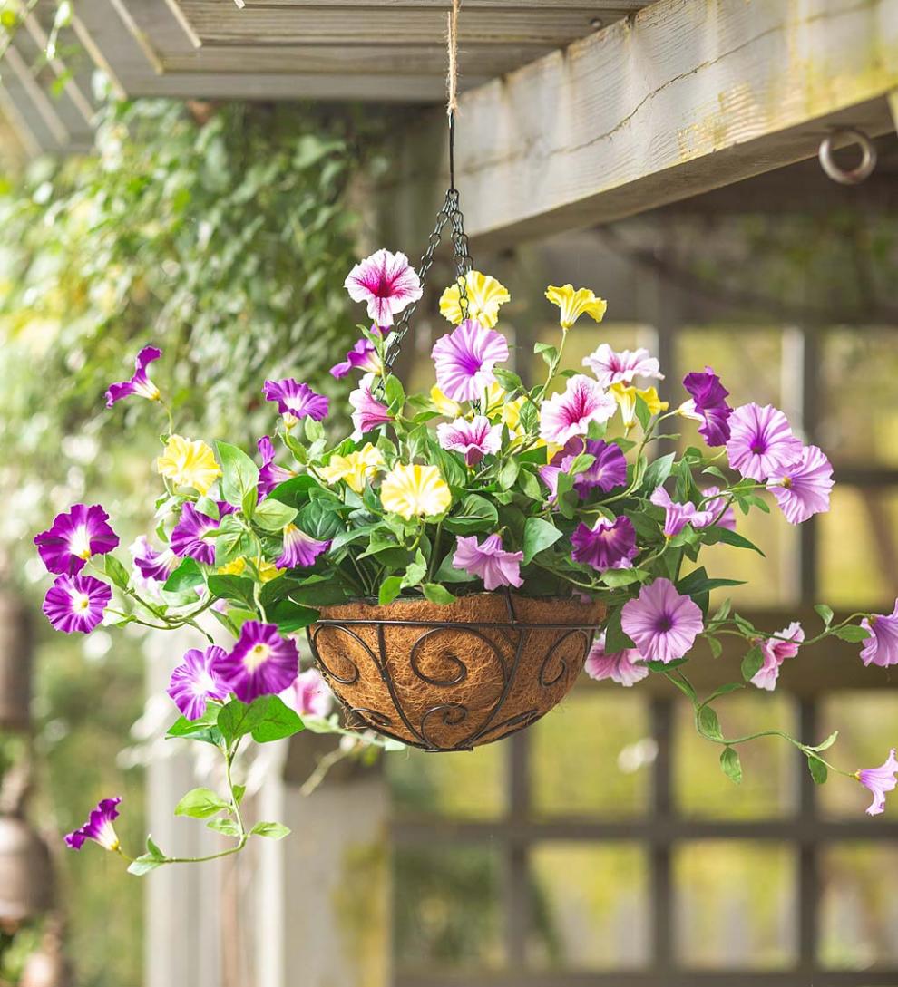 Plow & Hearth Faux Flowers & Plants Indoor Living Faux Petunia Hanging Basket - Purple