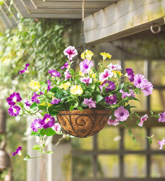 Plow & Hearth Faux Flowers & Plants Indoor Living Faux Petunia Hanging Basket - Purple