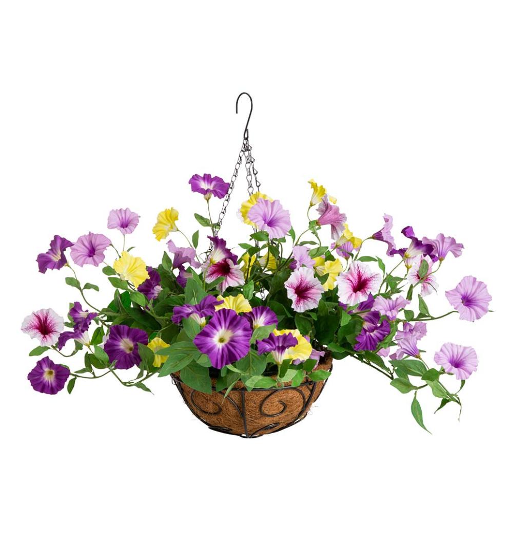 Plow & Hearth Faux Flowers & Plants Indoor Living Faux Petunia Hanging Basket - Purple