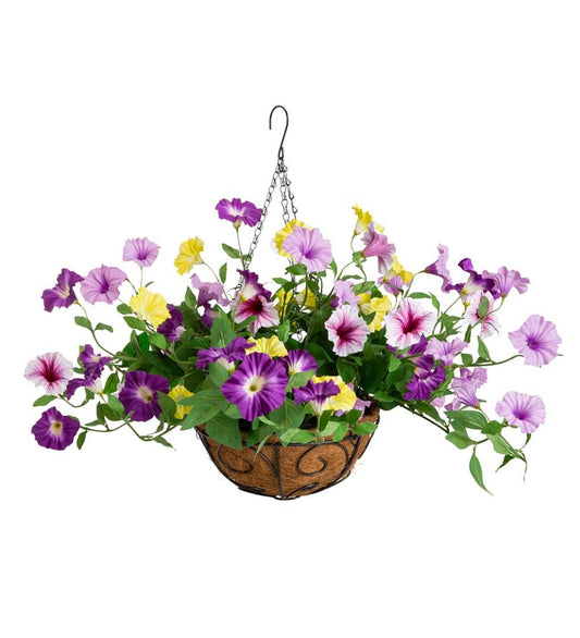 Plow & Hearth Faux Flowers & Plants Indoor Living Faux Petunia Hanging Basket - Purple