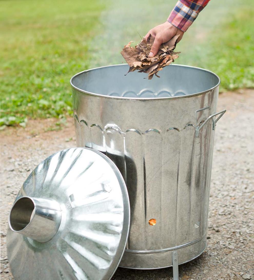 Plow & Hearth Fire Pits Fireplace & Hearth Galvanized Metal Garden/Home Incinerator Waste Can