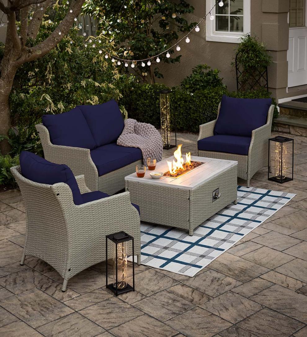 Plow & Hearth Fire Pits Fireplace & Hearth Little River Outdoor Wicker Seating With Propane Fire Pit Table, 4-Piece Set