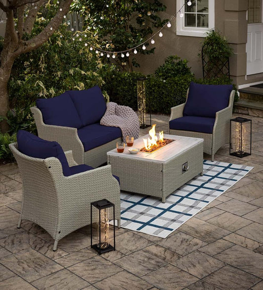 Plow & Hearth Fire Pits Fireplace & Hearth Little River Outdoor Wicker Seating With Propane Fire Pit Table, 4-Piece Set
