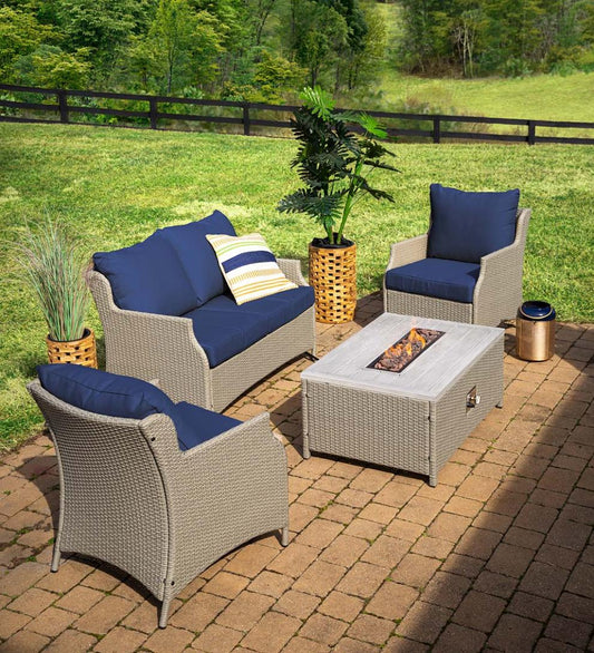 Plow & Hearth Fire Pits Fireplace & Hearth Little River Outdoor Wicker Seating With Propane Fire Pit Table, 4-Piece Set