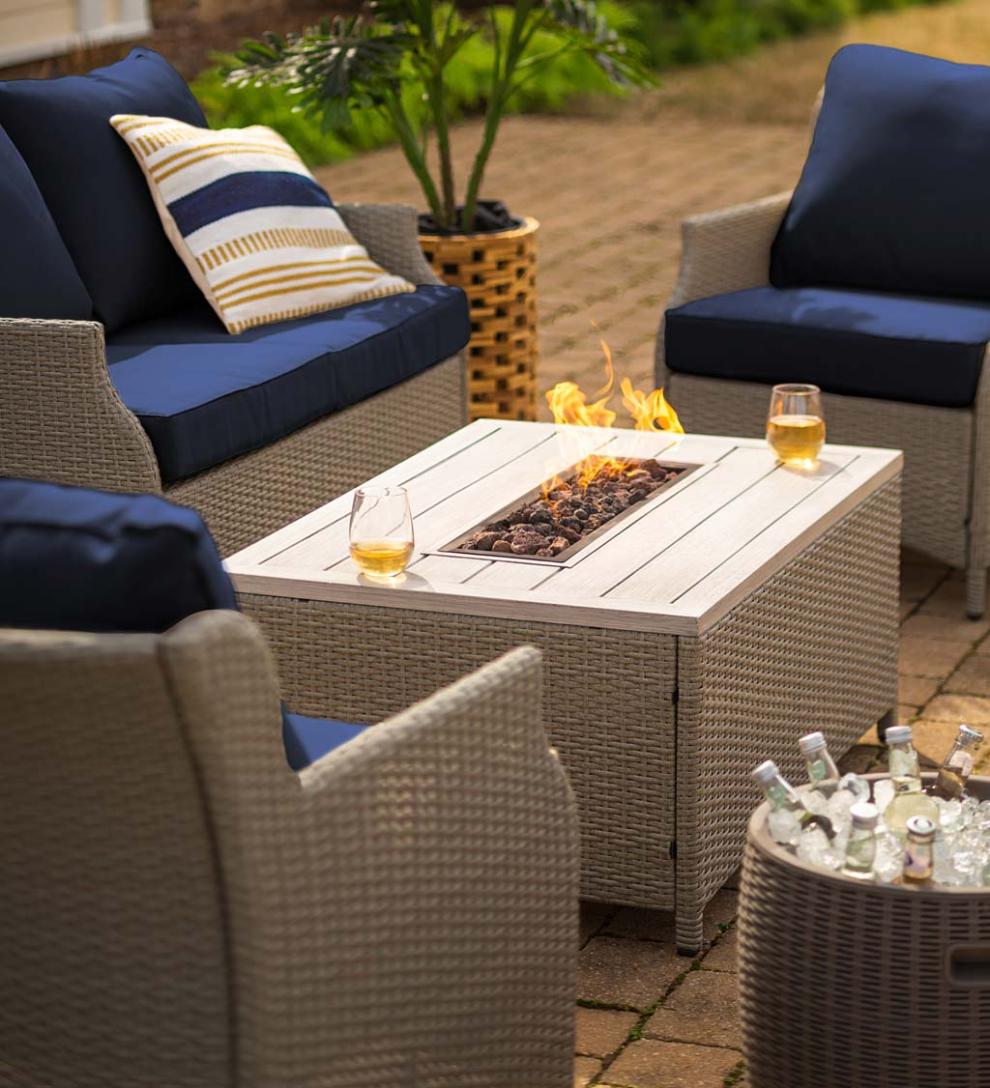 Plow & Hearth Fire Pits Fireplace & Hearth Little River Outdoor Wicker Seating With Propane Fire Pit Table, 4-Piece Set