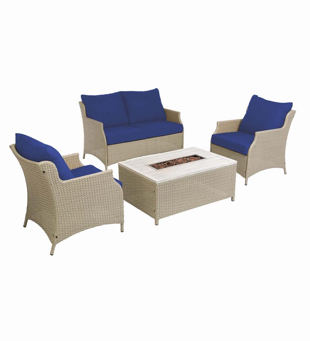 Plow & Hearth Fire Pits Fireplace & Hearth Little River Outdoor Wicker Seating With Propane Fire Pit Table, 4-Piece Set